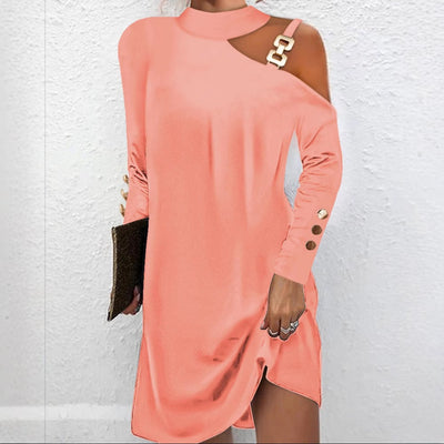 Damen modisches Minikleid mit schickem Schulterdesign und dekorativen Knopfdetails Fudus