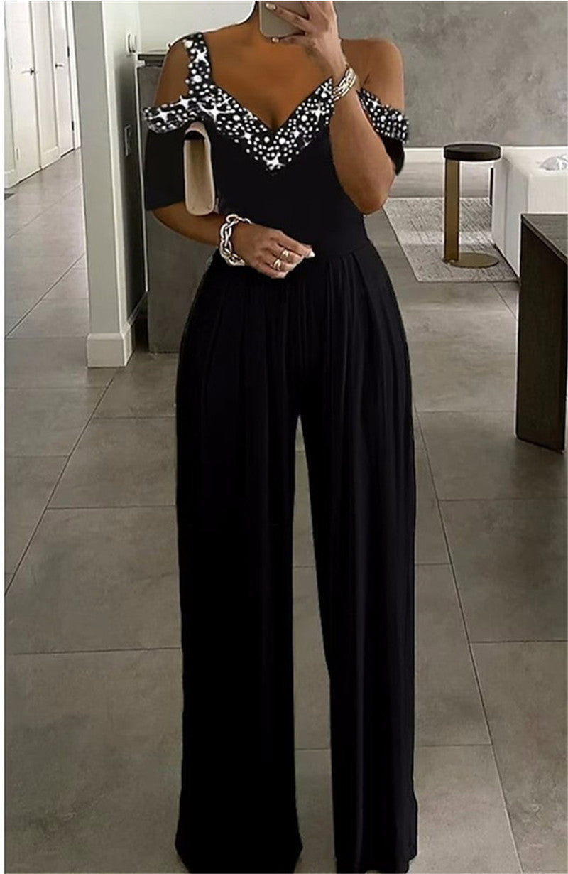 Damen Elegantes Jumpsuit mit Off-Shoulder Design und Glitzerakzenten Fudus