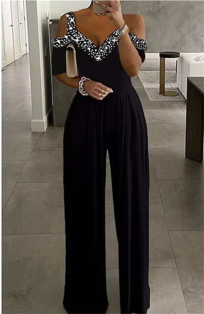 Damen Elegantes Jumpsuit mit Off-Shoulder Design und Glitzerakzenten Fudus