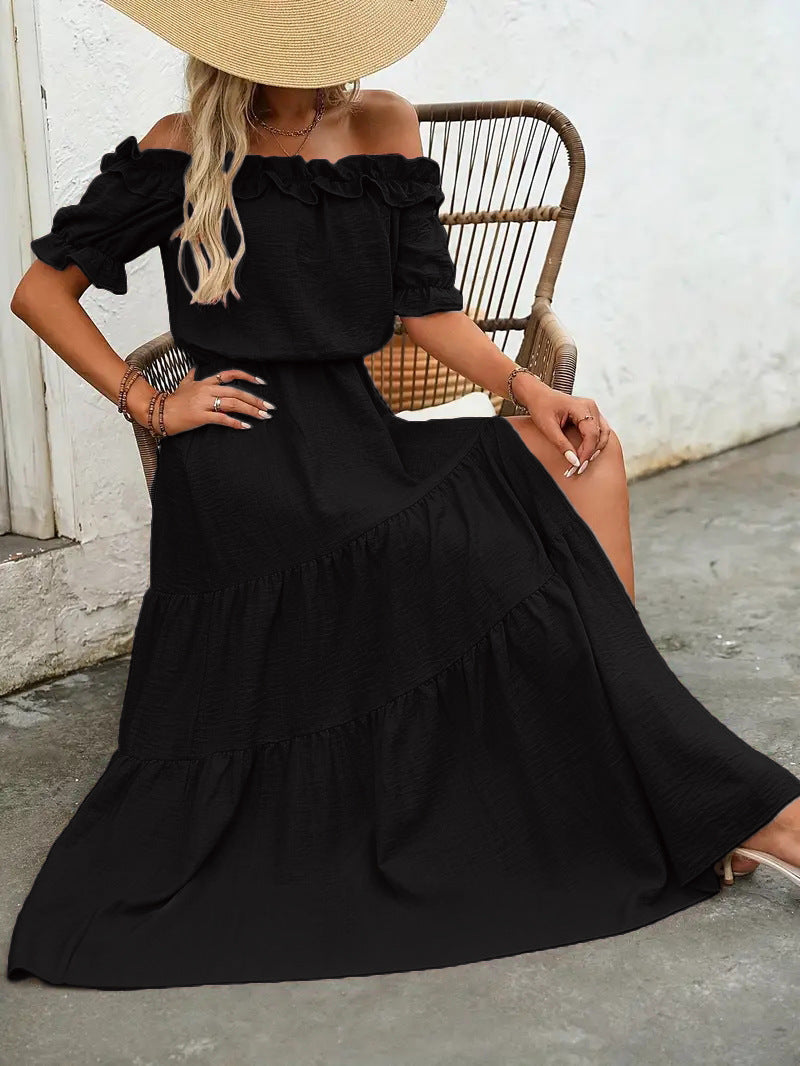 Damen Off-Shoulder Maxikleid mit Rüschendetails und femininem Volant Fudus
