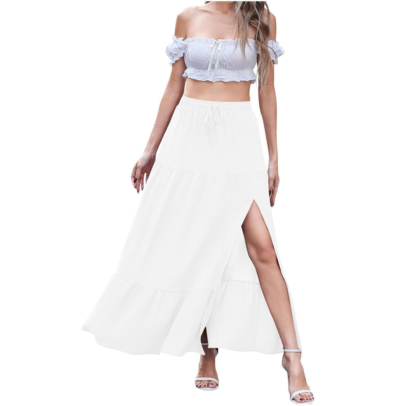 Damen Maxikleid mit hohem Schlitz und Volant Fudus