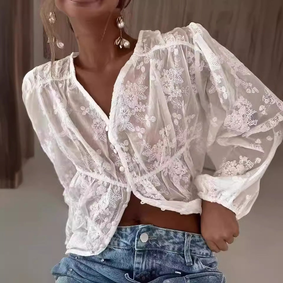 Damen romantische Bluse mit floralem Design Fudus