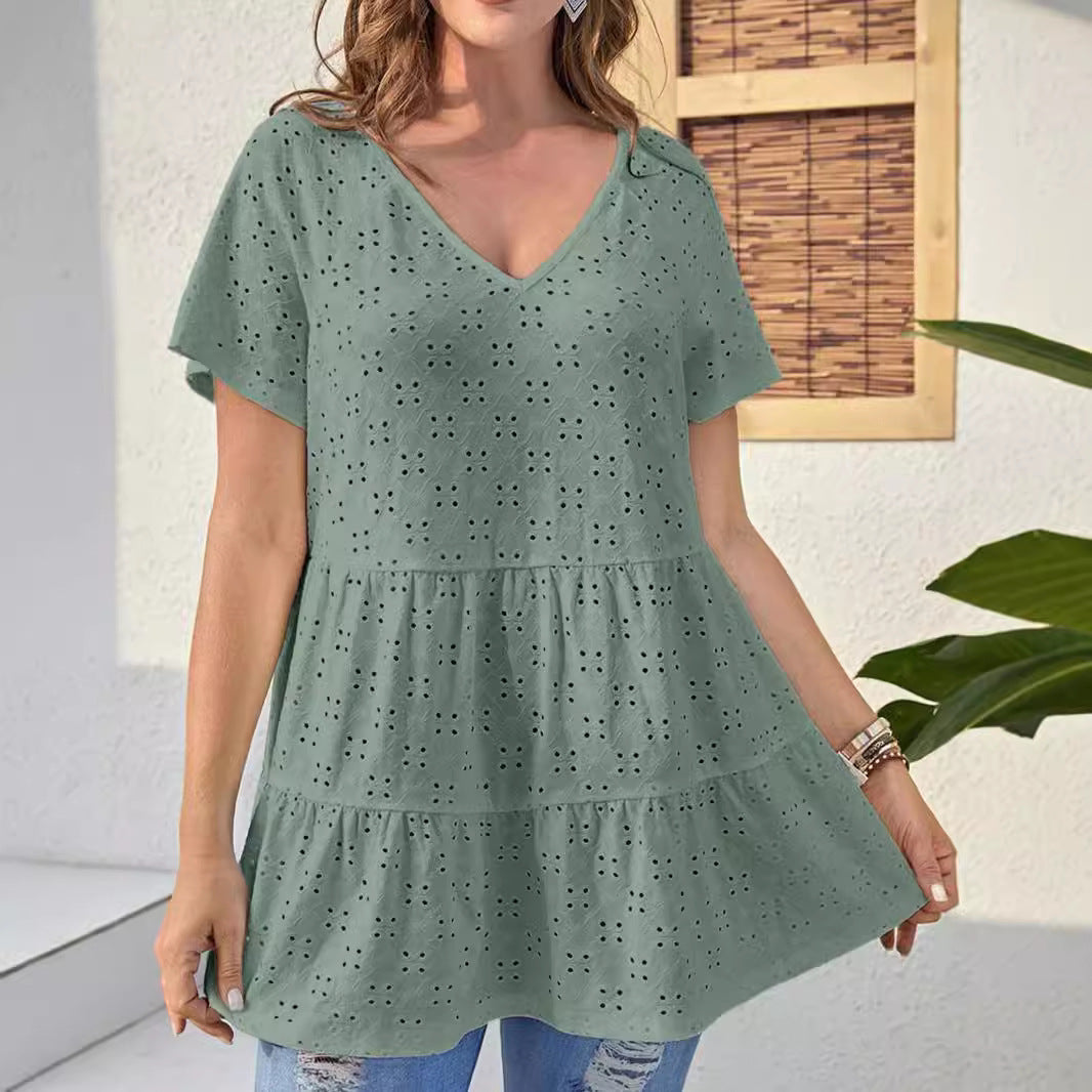 Damen V-Ausschnitt Blusenshirt mit Rüschendetails Fudus