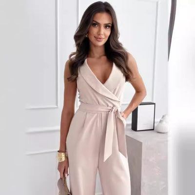Damen eleganter Jumpsuit mit Wickeldesign und weitem Bein Fudus