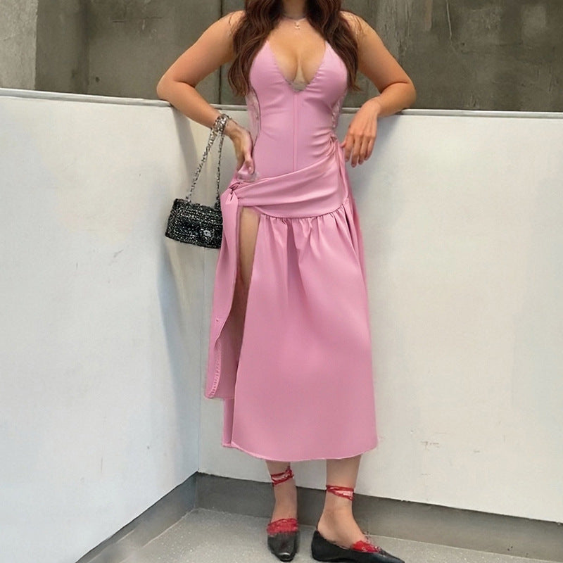 Damen Wickelkleid mit verstellbaren Spaghettiträgern und elegantem Schlitz Fudus