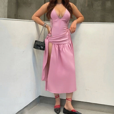 Damen Wickelkleid mit verstellbaren Spaghettiträgern und elegantem Schlitz Fudus