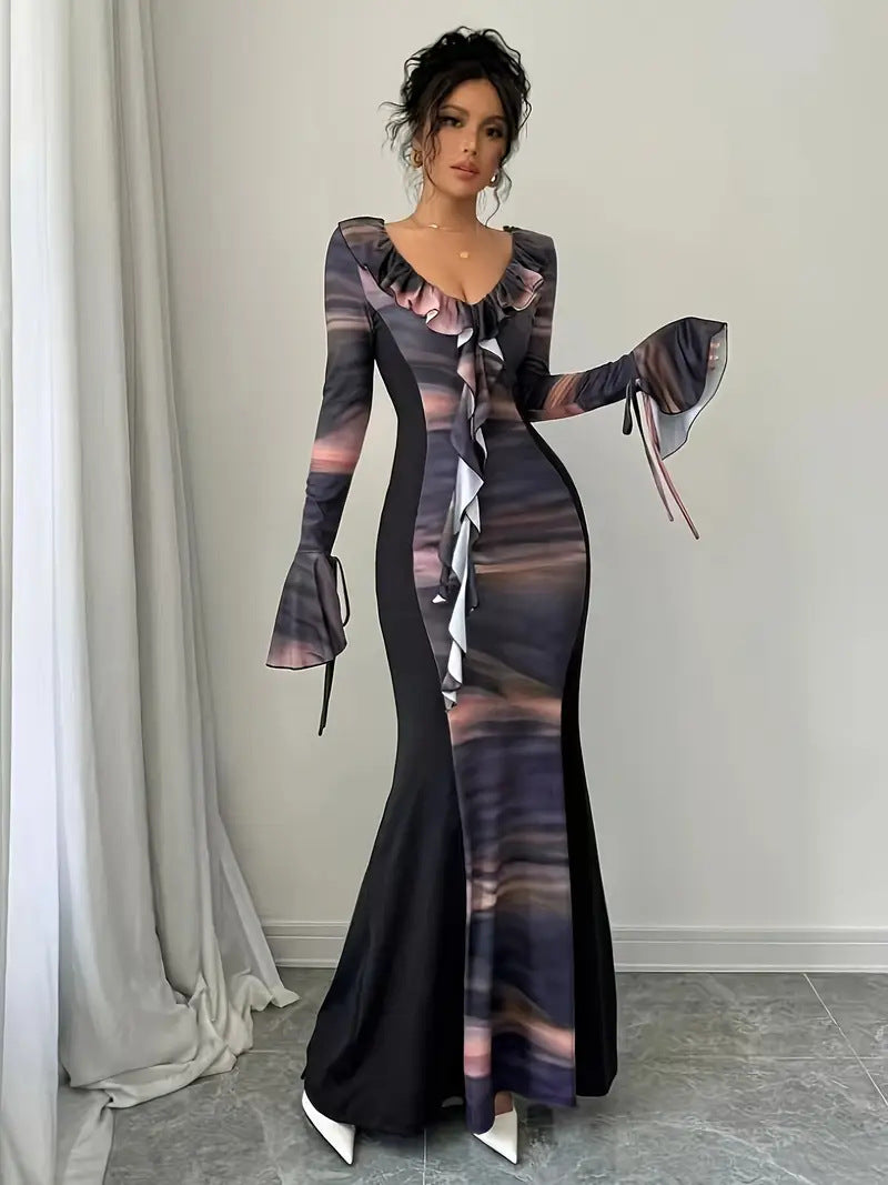 Damen Elegantes Maxi-Kleid mit Rüschen und Farbverlauf Fudus