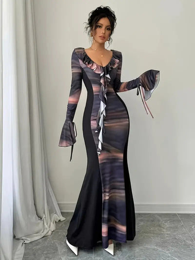 Damen Elegantes Maxi-Kleid mit Rüschen und Farbverlauf Fudus