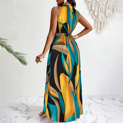 Damen Maxikleid mit kreativem Muster und elegantem V-Ausschnitt Fudus