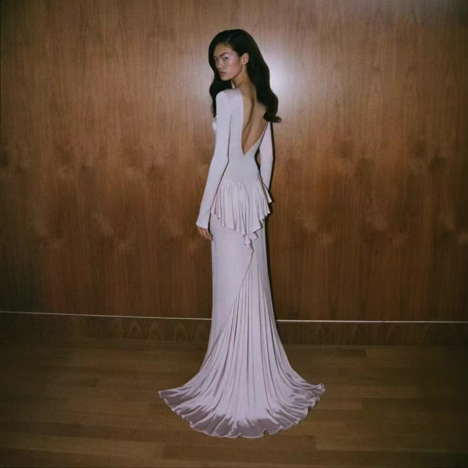 Damen Maxikleid mit voluminösen Rüschendetails und hohem Schlitz Fudus