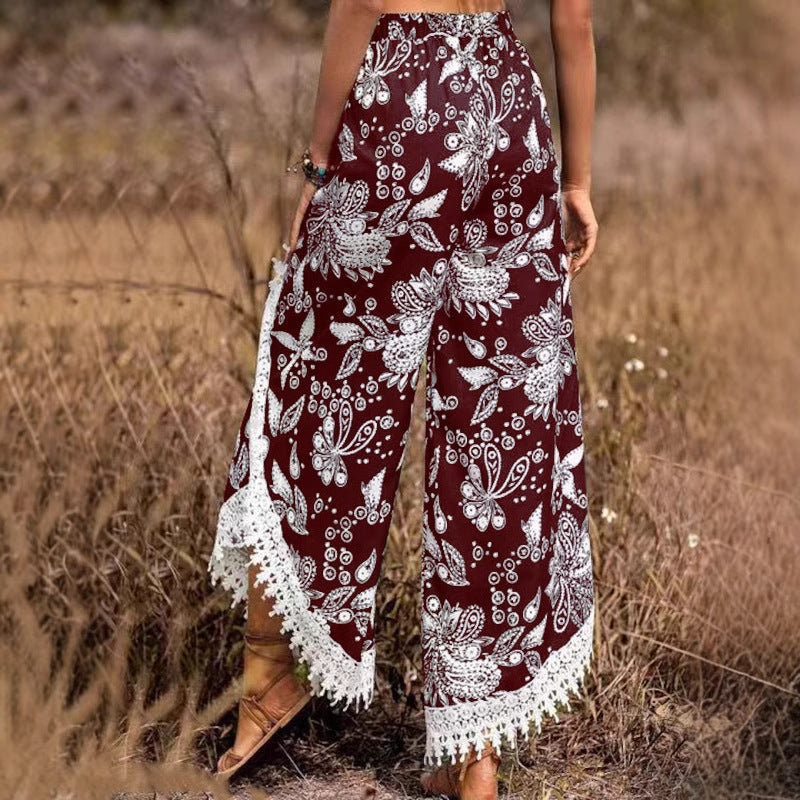 Damen Palazzo-Hose mit floralem Muster und dekorativem Spitzenbesatz Fudus