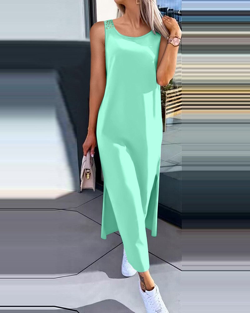 Damen lässiges Longdress mit seitlichen Schlitzen und feinen Spitzenakzenten Fudus