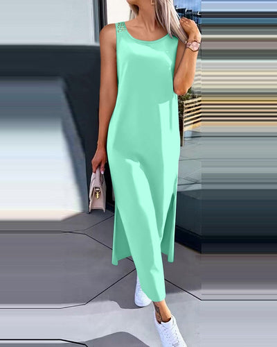 Damen lässiges Longdress mit seitlichen Schlitzen und feinen Spitzenakzenten Fudus