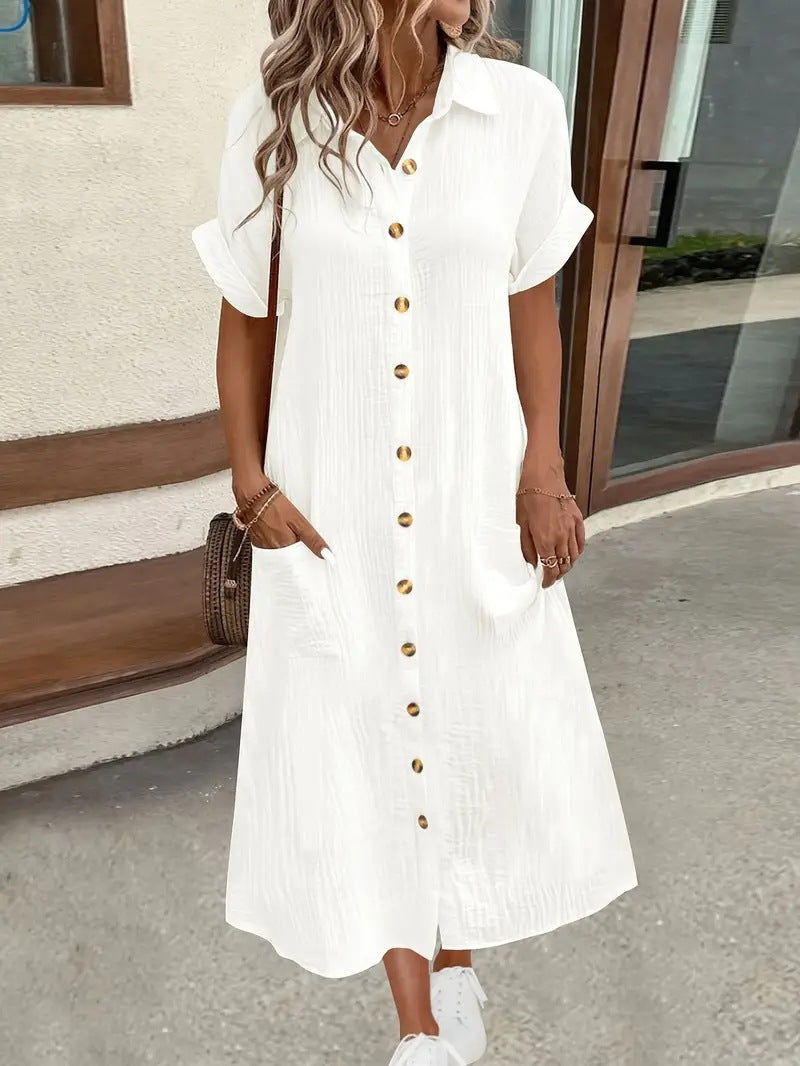 Damen Maxikleid mit Knopfleiste und praktischen Taschen Fudus