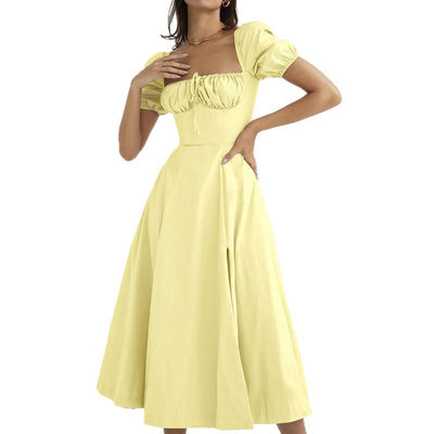 Damen Maxikleid mit schulterfreiem Design und voluminösen Puffärmeln Fudus