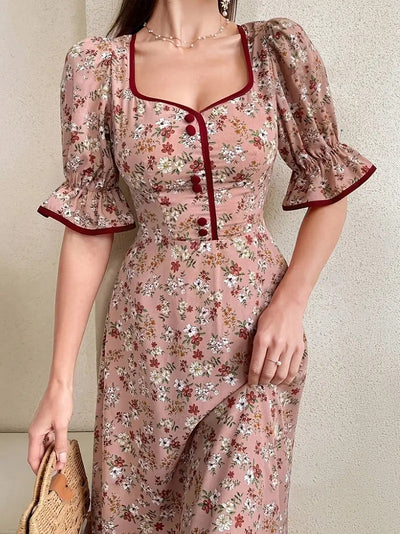 Damen Blütenmuster Maxikleid mit schickem Quadrat-Ausschnitt und Puffärmeln Fudus