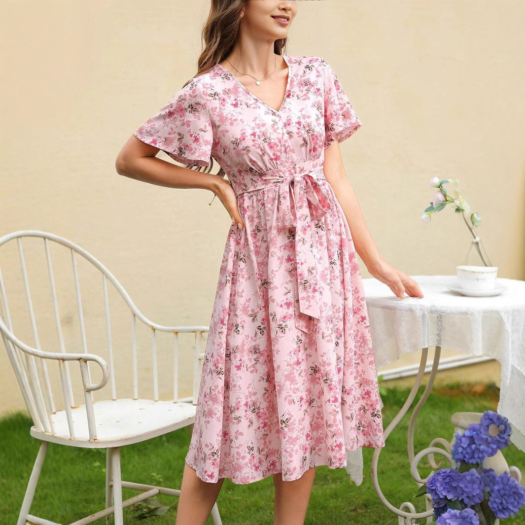 Damen Blumenkleid mit V-Ausschnitt und tailliertem Bindegürtel Fudus