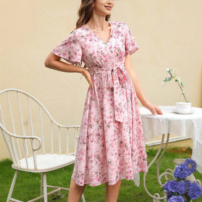 Damen Blumenkleid mit V-Ausschnitt und tailliertem Bindegürtel Fudus