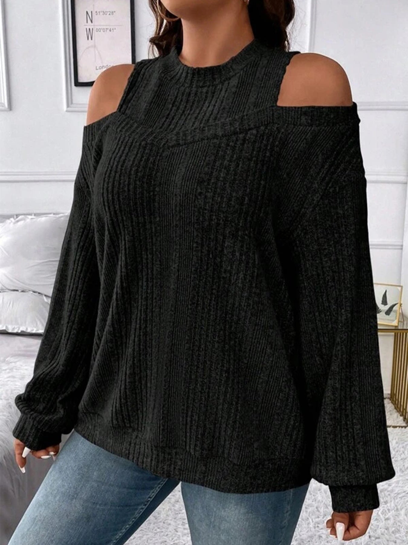 Damen Oversized Strickpullover mit Schulterauschnitten und Rippstruktur Fudus