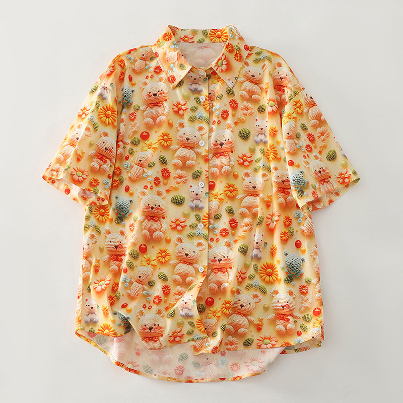 Damen Kurzarmhemd mit verspieltem Tier- und Blumenmuster Fudus