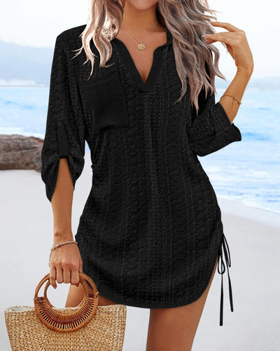 Damen Freizeitkleid mit seitlichem Tunnelzug und tiefem V-Ausschnitt Fudus