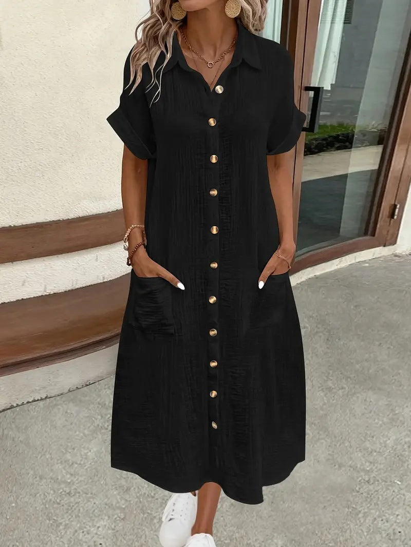 Damen Maxikleid mit Knopfleiste und praktischen Taschen Fudus