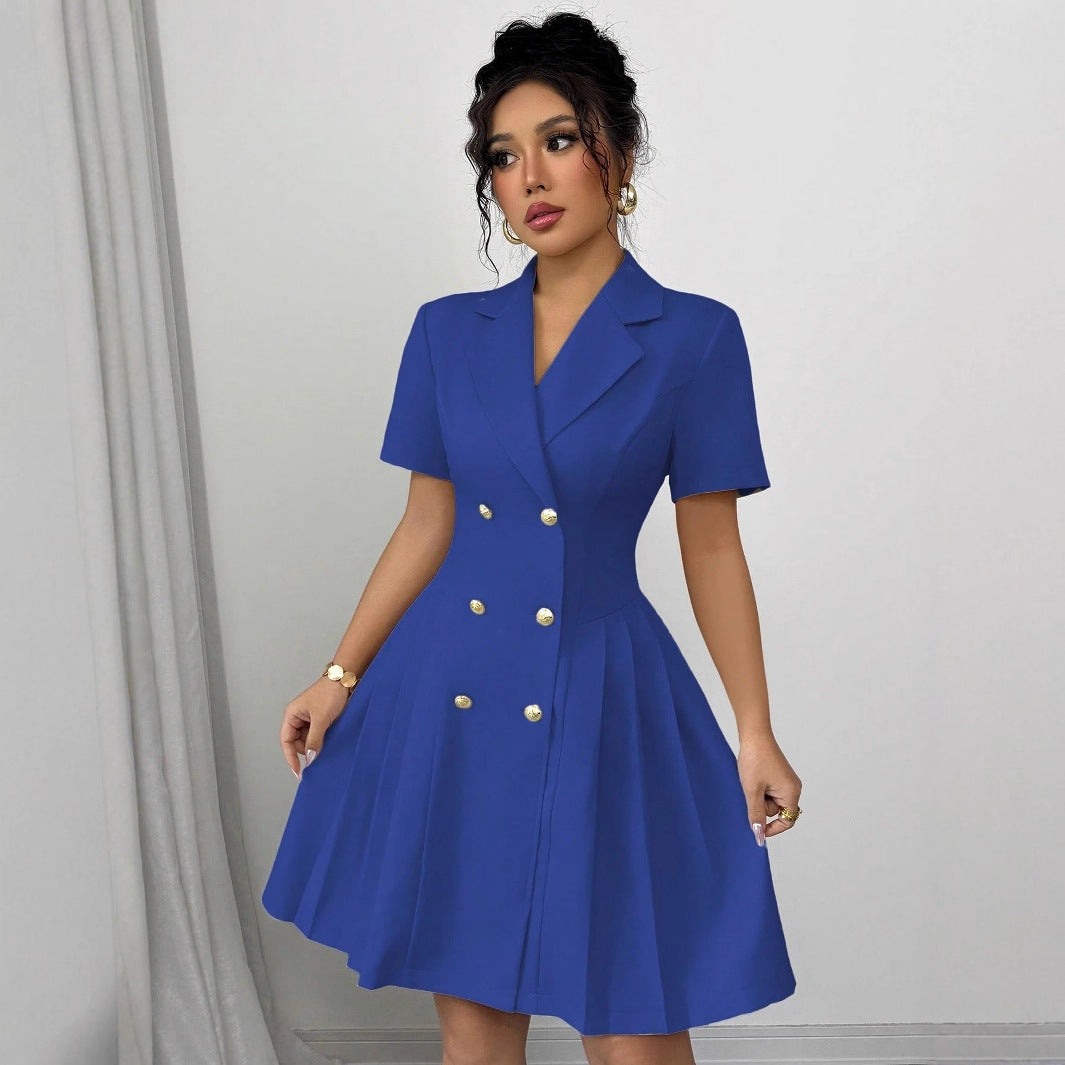 Damen klassisches Knopfkleid mit tailliertem Schnitt und Faltenrock Fudus