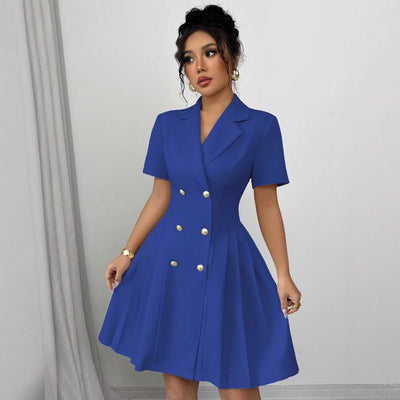 Damen klassisches Knopfkleid mit tailliertem Schnitt und Faltenrock Fudus