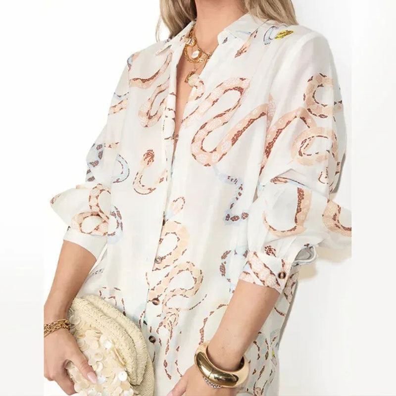 Damen Midi-Kleid mit elegantem Schlangenmuster und lockeren Ärmeln Fudus