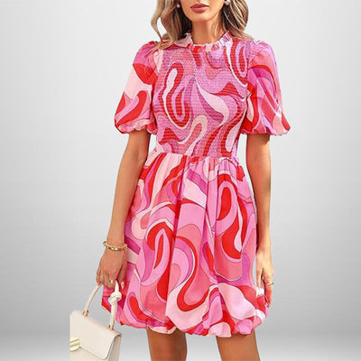 Damen Kurzarm Kleid mit elastischem Oberteil und schwingendem Rock Fudus