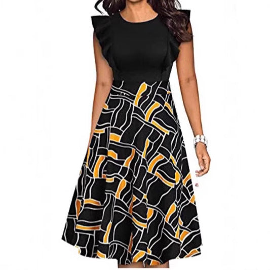 Damen Kleid mit Rüschendetails und modernem Grafikdesign Fudus