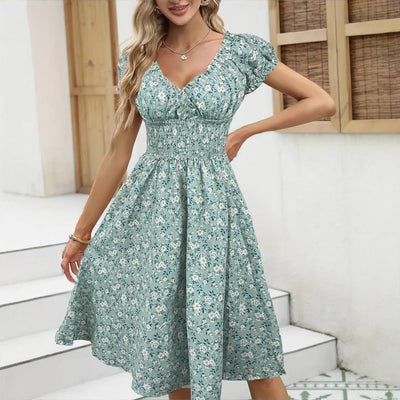 Damen Floral Midi-Kleid mit elastischem Bund und Puffärmeln Fudus