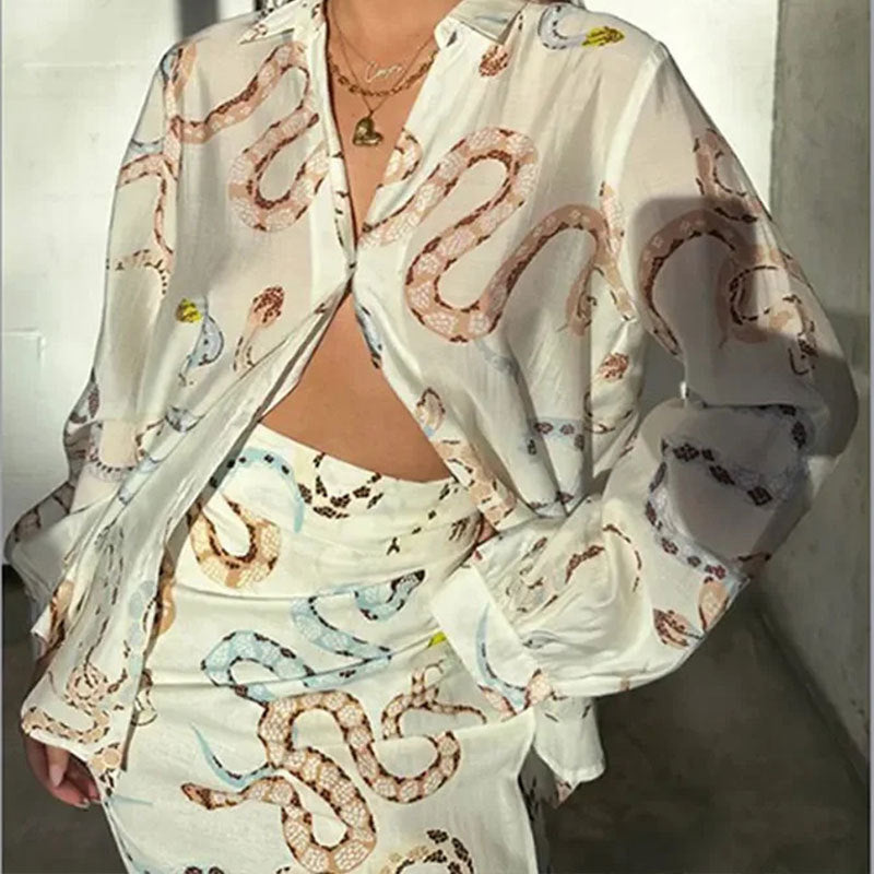 Damen Midi-Kleid mit elegantem Schlangenmuster und lockeren Ärmeln Fudus