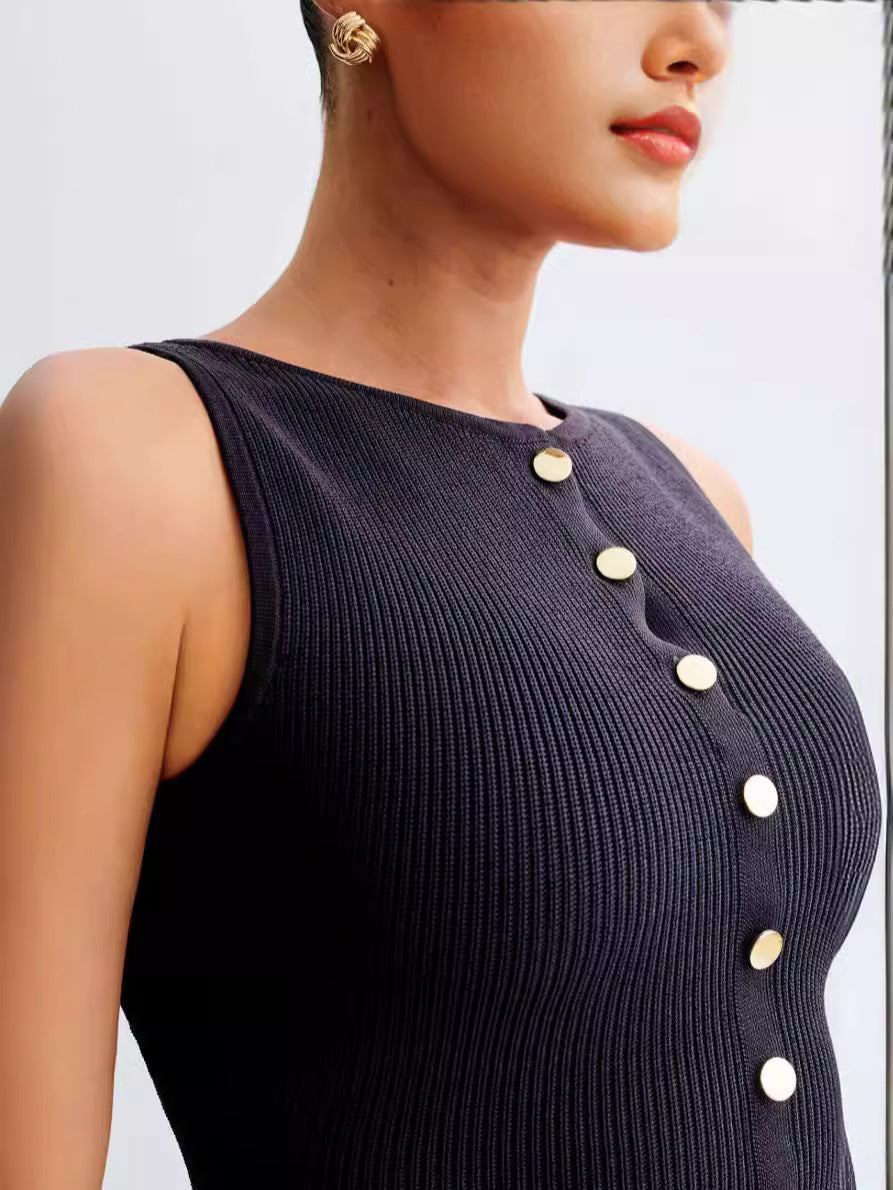 Damen figurbetontes Kleid mit Knopfdetails und Taschen Fudus