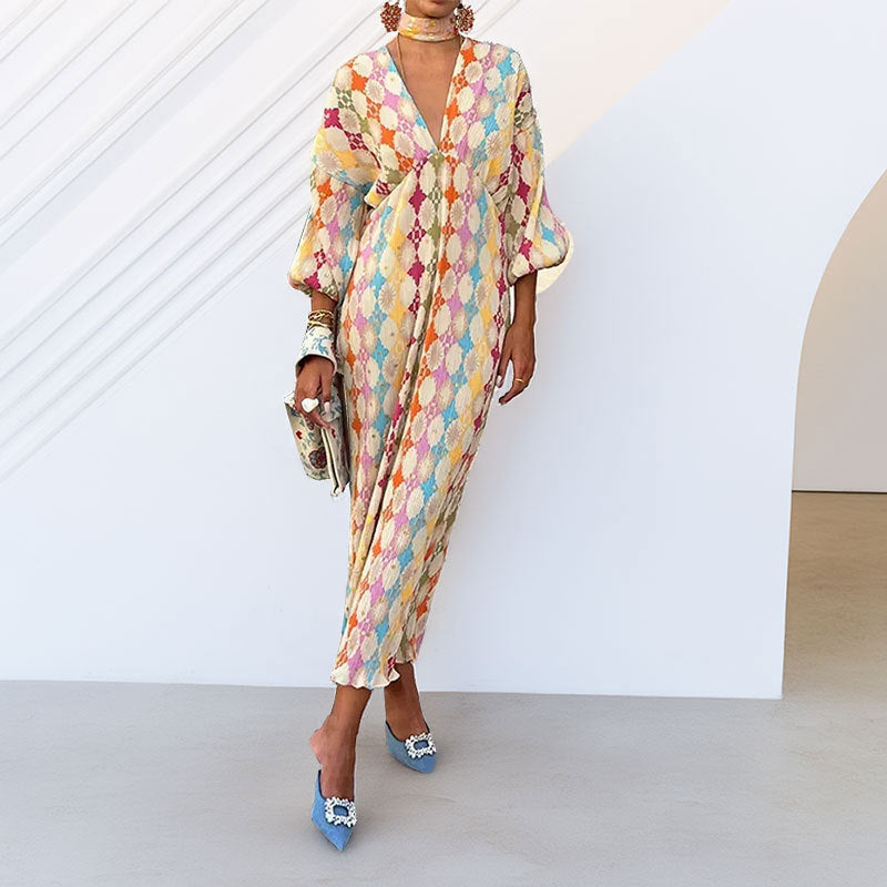 Damen Maxikleid mit kreativem Rautenmuster und voluminösen Ärmeln Fudus