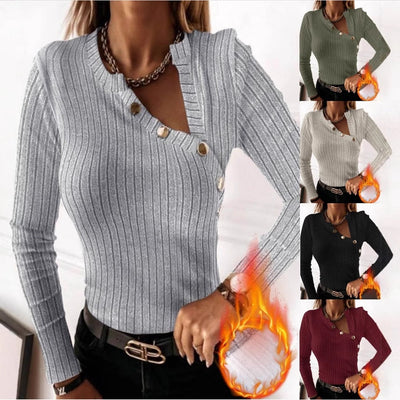 Damen figurbetontes Langarm-Oberteil mit asymmetrischem Ausschnitt und goldenen Knopfdetails Fudus