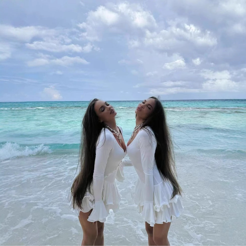 Damen Elegantes Minikleid mit Rüschen Fudus