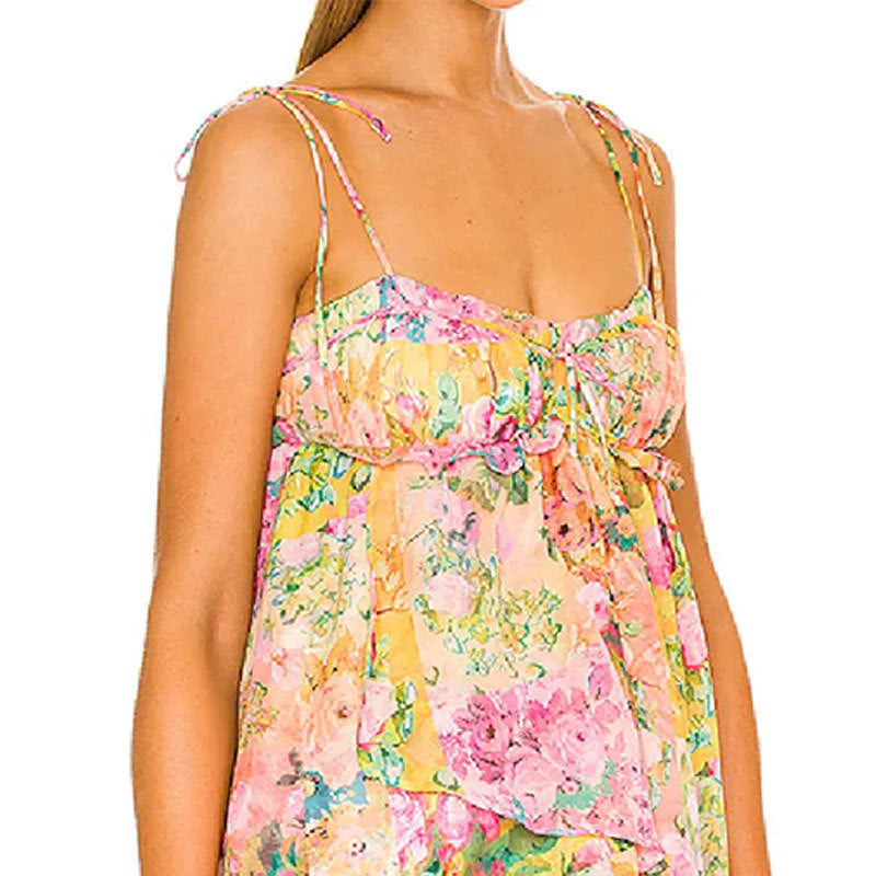 Damen luftiges Sommerkleid mit floralen Akzenten und verstellbaren Trägern Fudus