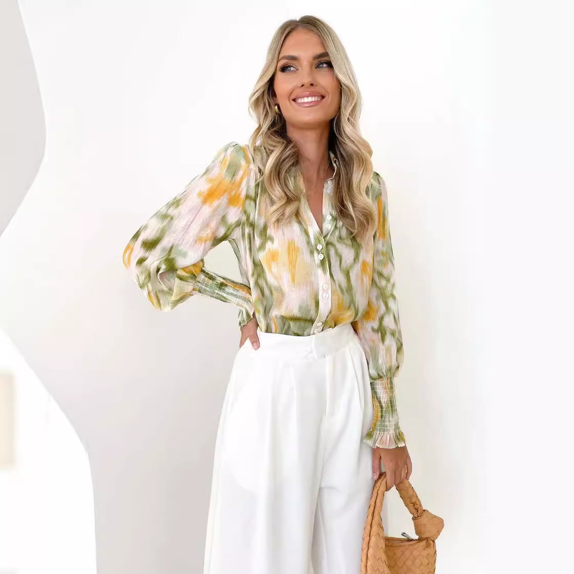 Damen Bluse mit elegantem Farbverlauf und trendigen Puffärmeln Fudus