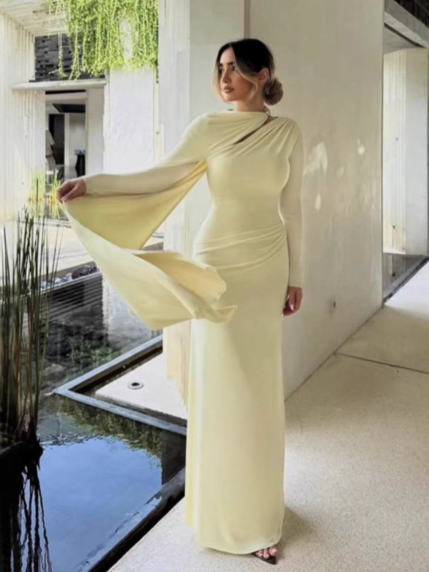 Damen Sleek Kleid mit asymmetrischem Ausschnitt und langen Ärmeln Fudus