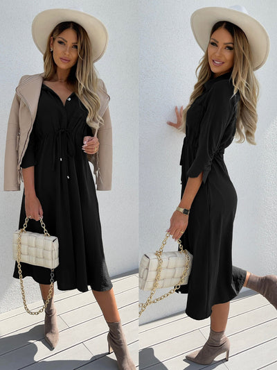 Damen Hemdblusenkleid mit taillierbarem Gürtel und eleganter Knopfdetail Fudus