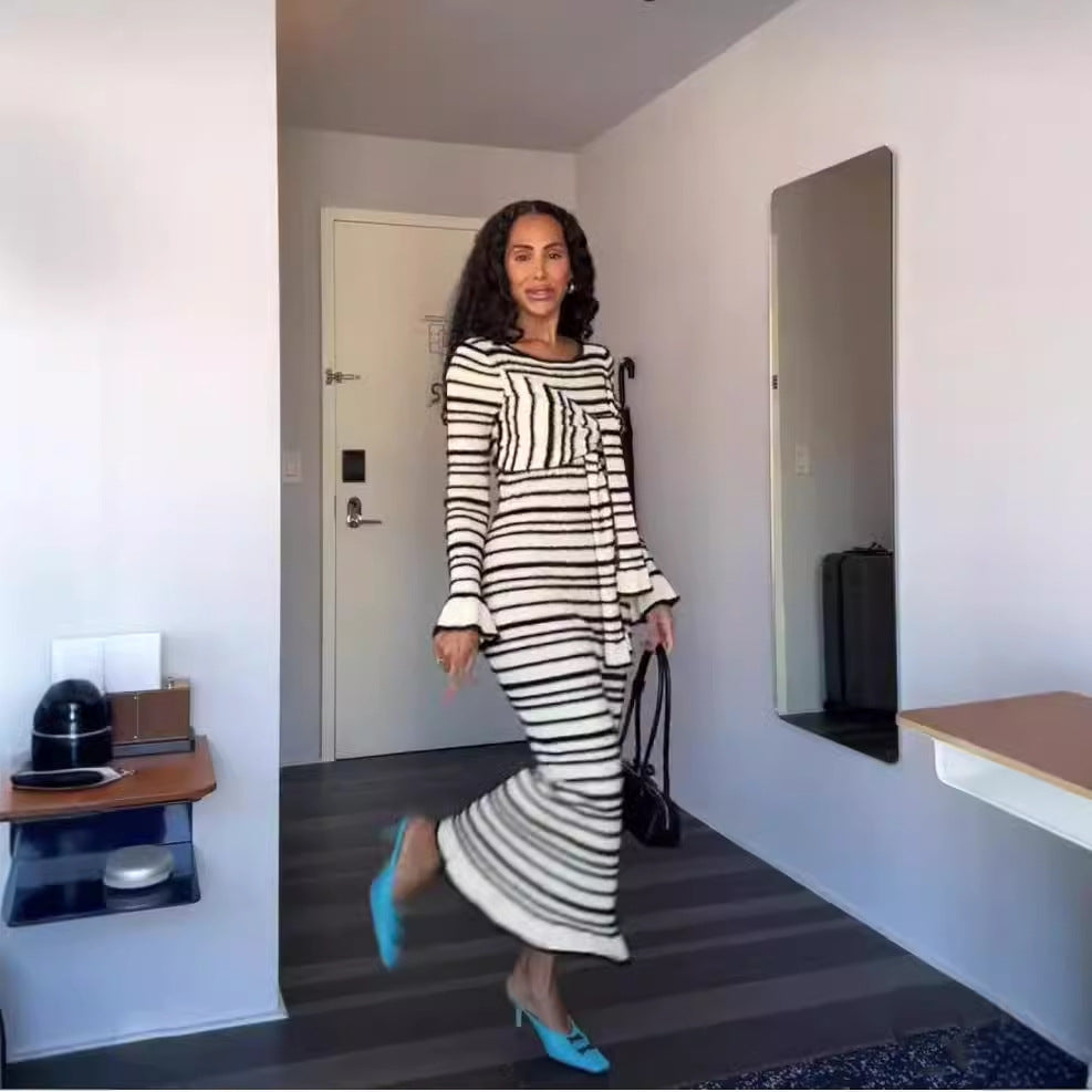 Damen Figurbetontes Strickkleid mit Wickelgürtel und Rüschendetails Fudus