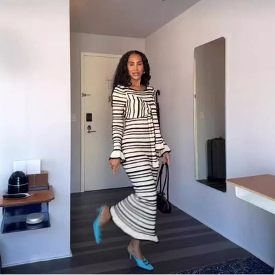 Damen Figurbetontes Strickkleid mit Wickelgürtel und Rüschendetails Fudus