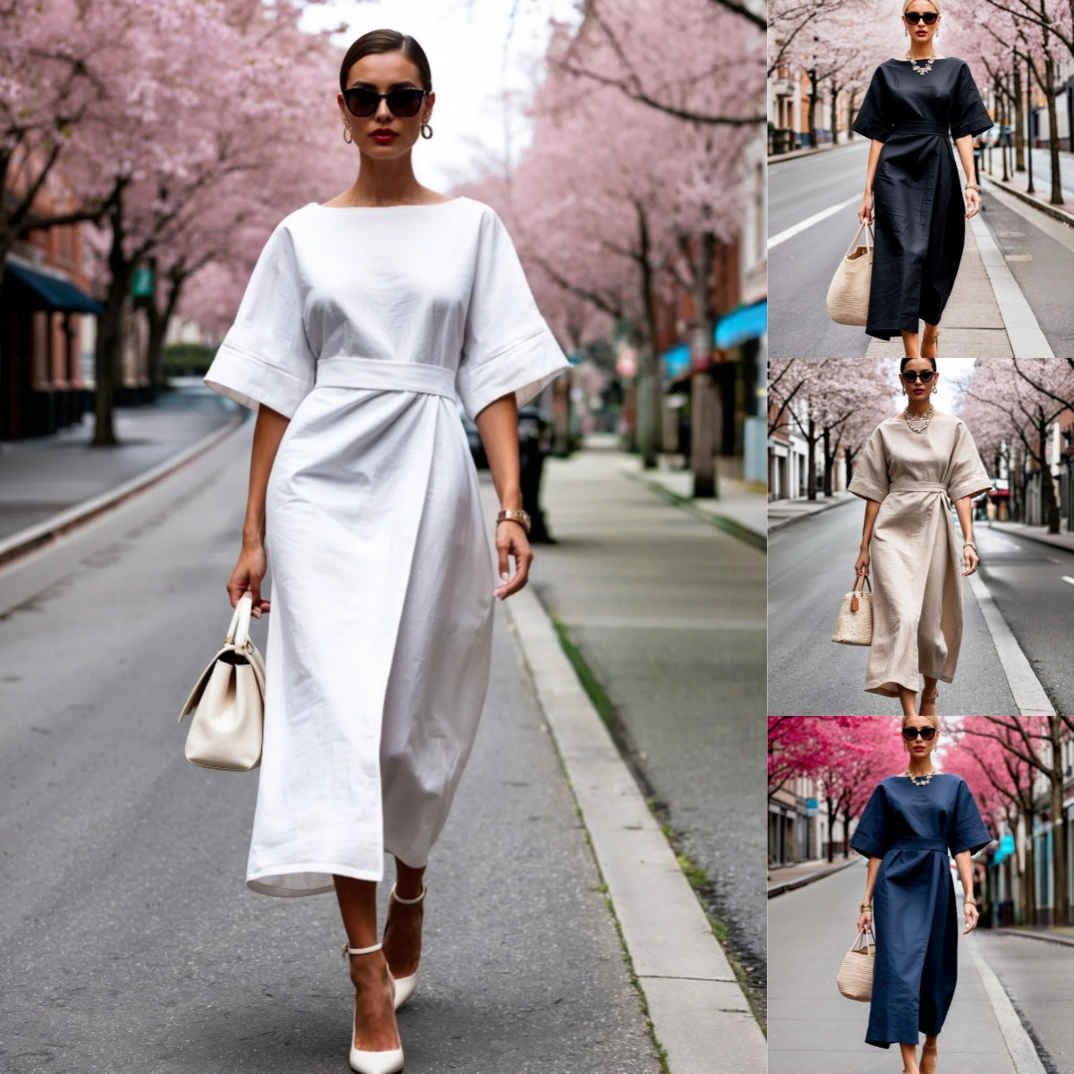 Damen Midi-Kleid mit weit geschnittenen Ärmeln und taillierter Silhouette Fudus