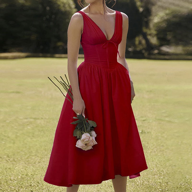 Damen Wickelkleid mit tiefem V-Ausschnitt und schwingendem Rock Fudus