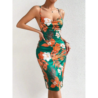 Damen figurbetontes Abendkleid mit zarten Trägern und floralem Design Fudus