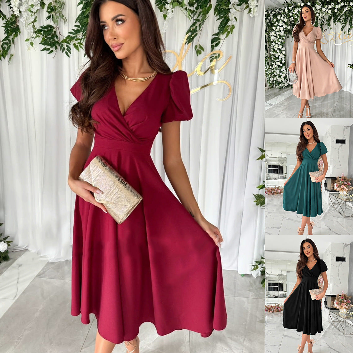 Damen elegantes Wickelkleid mit kurzen Puffärmeln und skulpturalem V-Ausschnitt Fudus
