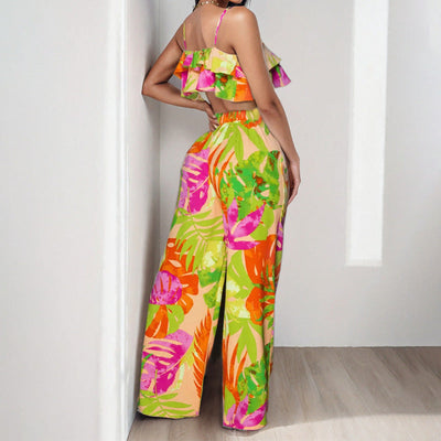 Damen Zweiteiliges Sommeroutfit mit Rüschenshirt und weiten Hosen Fudus