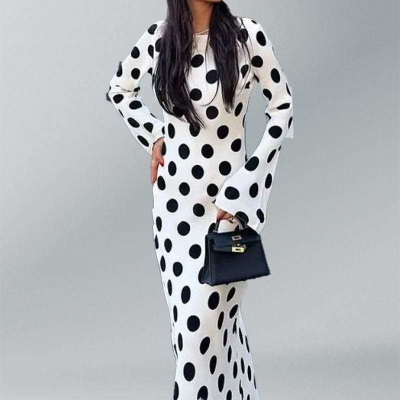 Damen Maxikleid mit floralen Punkten und charmanten Glockenärmeln Fudus