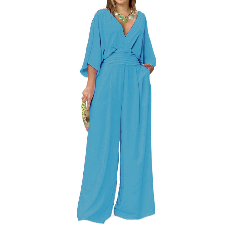 Damen Jumpsuit mit eleganter Wickeloptik und weitem Bein Fudus